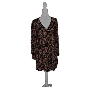 Knox Rose Black Floral Long Sleeve V-Neck Flowy Dress Size S